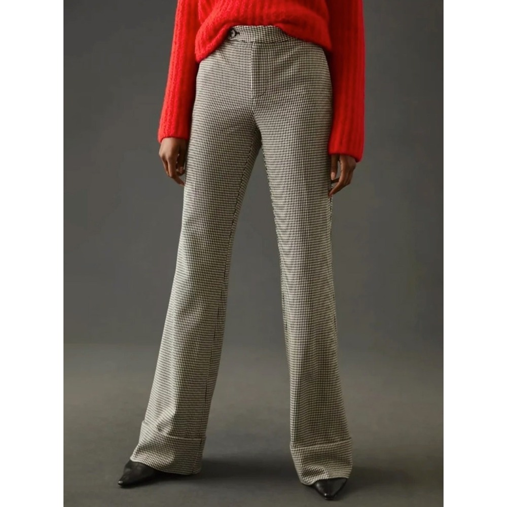 Maeve Anthropologie Houndstooth Dark Acadamia Preppy Wide Leg Cuffed Trousers 10